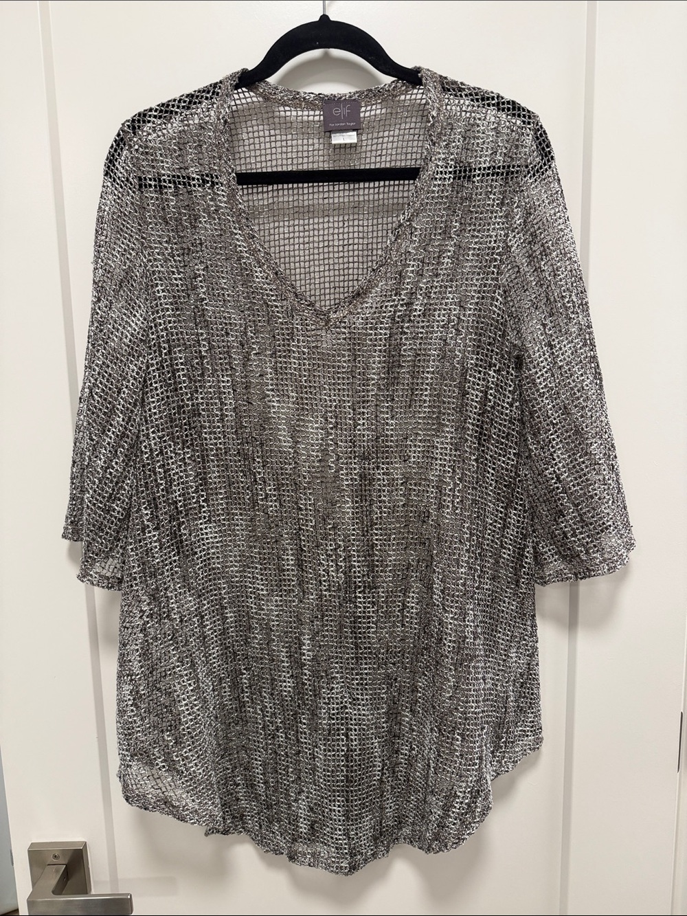 e.l.f. V-Neck Metallic Open Knit Top - Silver Gray